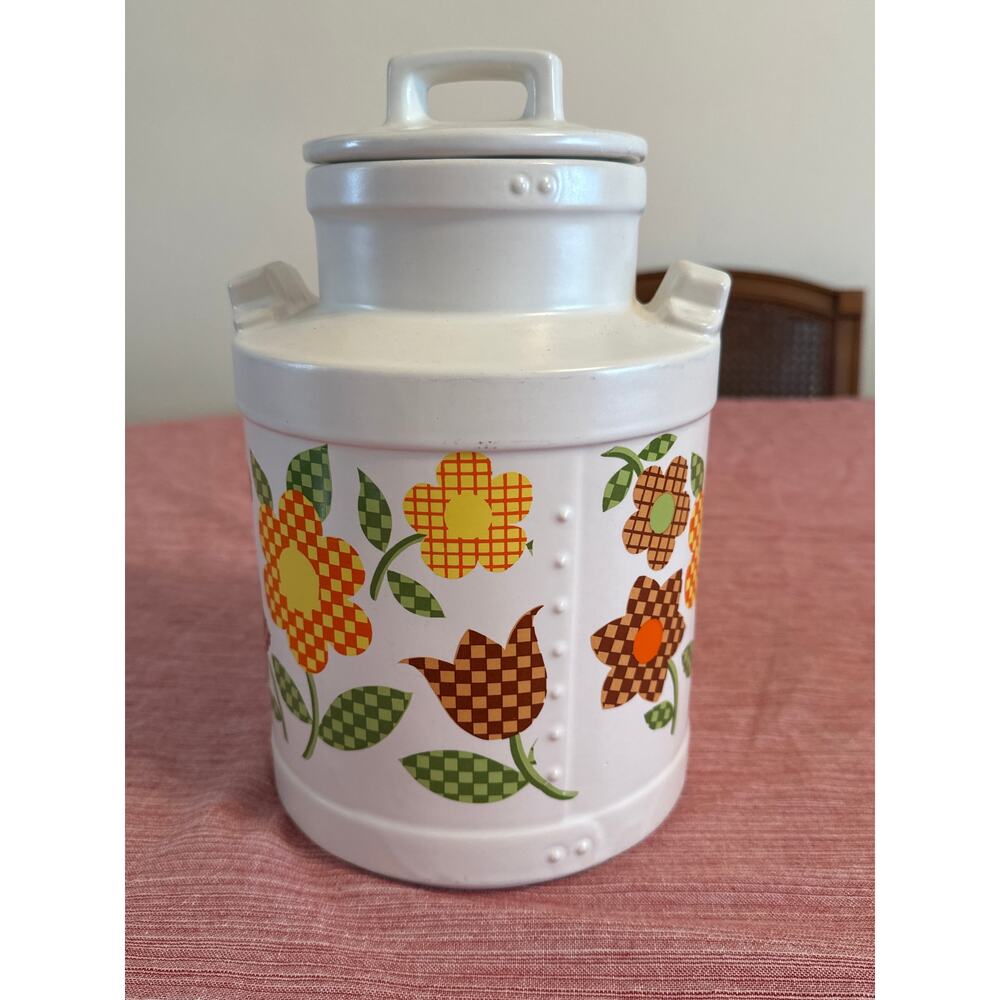 Vtg MCM 1960s McCoy Pottery #333 milk can cookie jar w gingham floral pattern